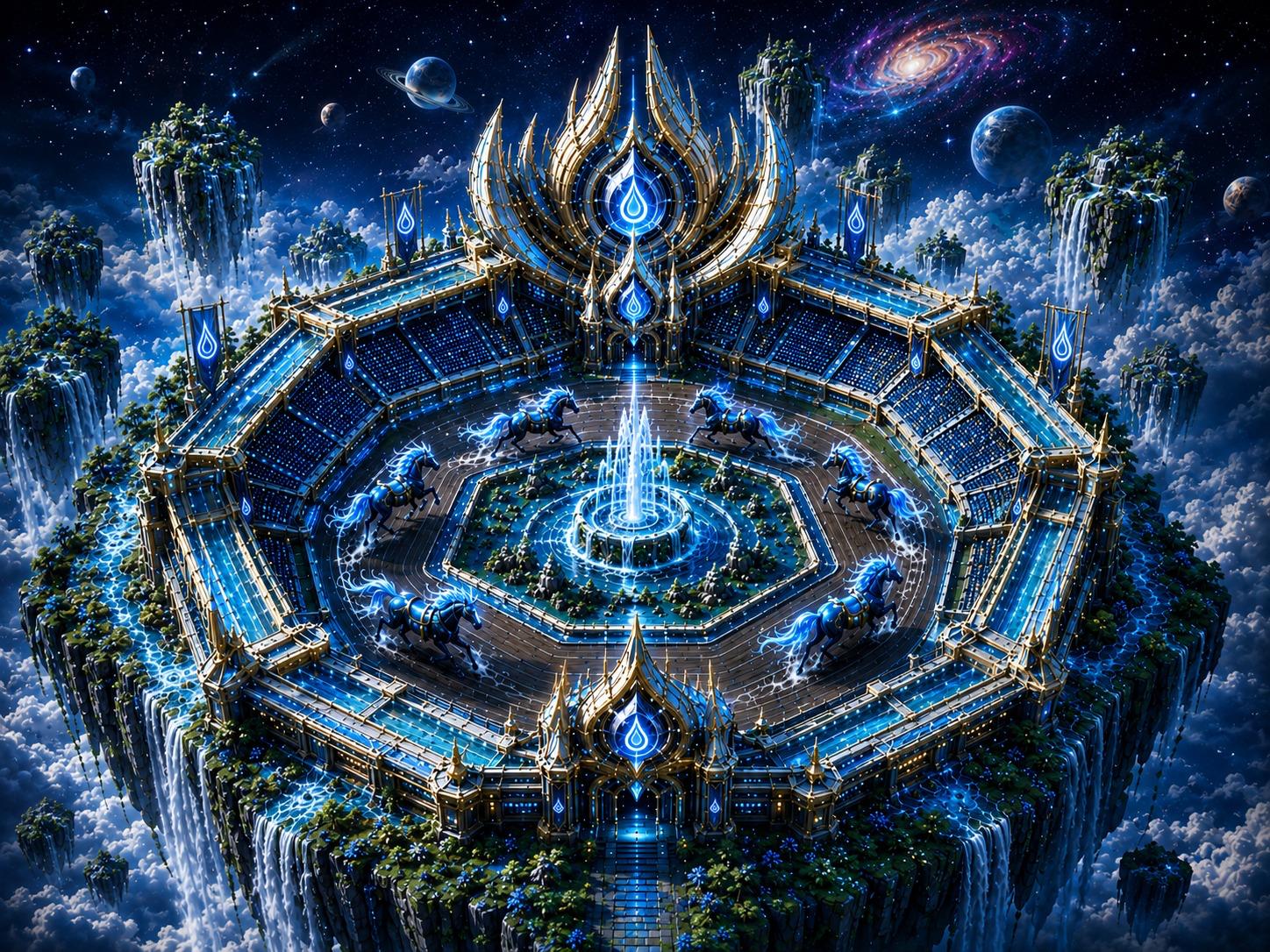 A final cinematic view of a monumental cosmic Arena of The House of Stadiums