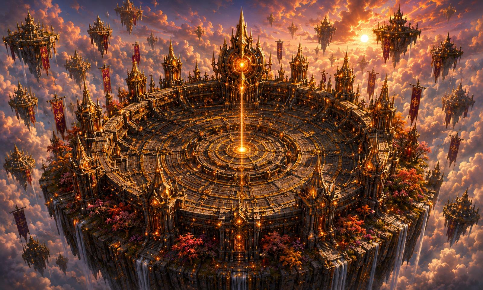 A monumental golden Arena-citadel with soaring spires, floating on an island among sunset clouds